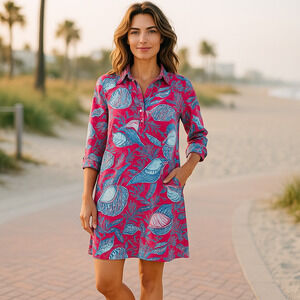 Talbots Coverup XS Pink Blue Shell Print Sheer Beach Blouse